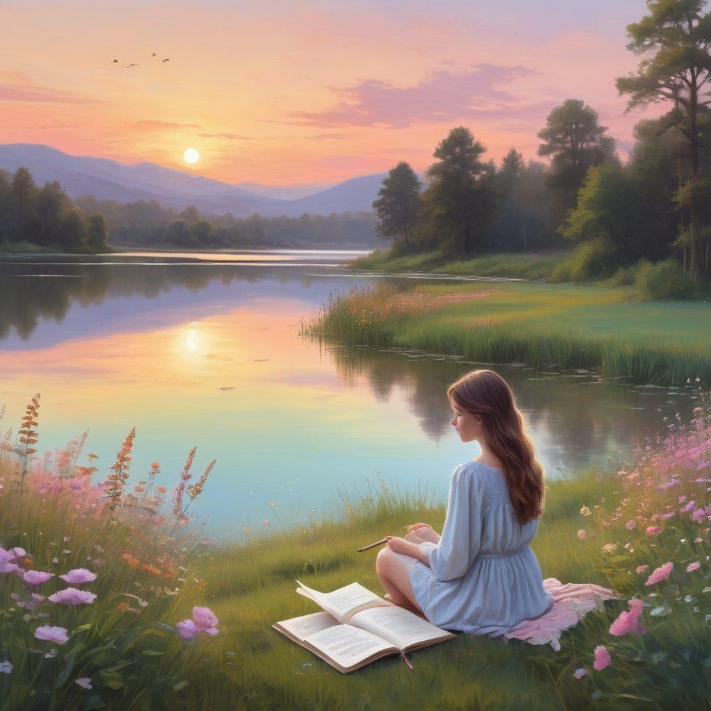 A serene landscape representing an INFP's journey, with soft pastel colors blending into a calming sunset over a tranquil lake. Include a thoughtful individual sitting on a grassy bank, sketching in a journal, surrounded by blooming flowers that symbolize growth and optimism. Include whimsical elements like butterflies and gentle waves to evoke a sense of tranquility and hope. super-realistic. pastel colors. soothing atmosphere.