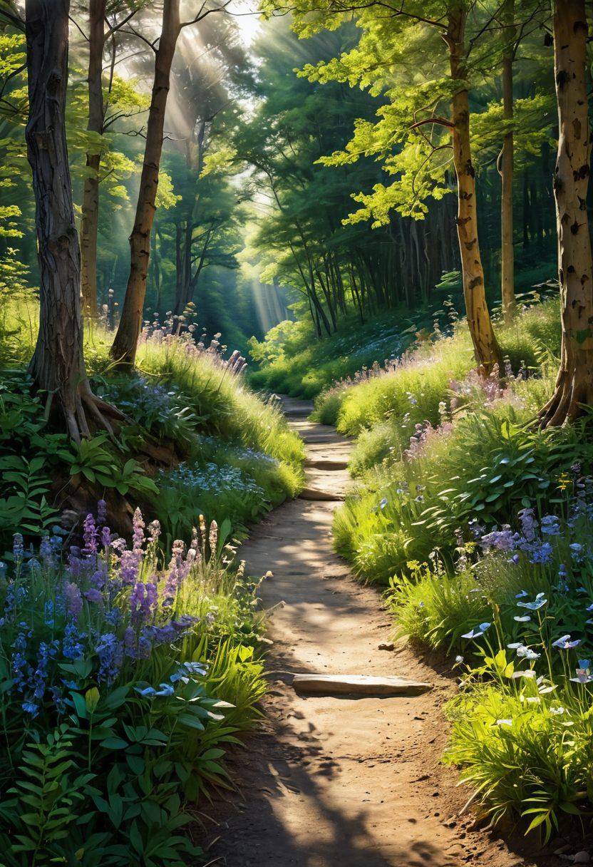 A serene path winding through a lush, sunlit forest, adorned with vibrant wildflowers that symbolize creativity and introspection. A gentle stream flows nearby, reflecting dappled sunlight. In the distance, an ethereal figure representing an INFP personality gazes thoughtfully towards an inviting horizon, embodying hope and optimism. The scene radiates positivity and warmth. super-realistic. vibrant colors. nature-inspired.