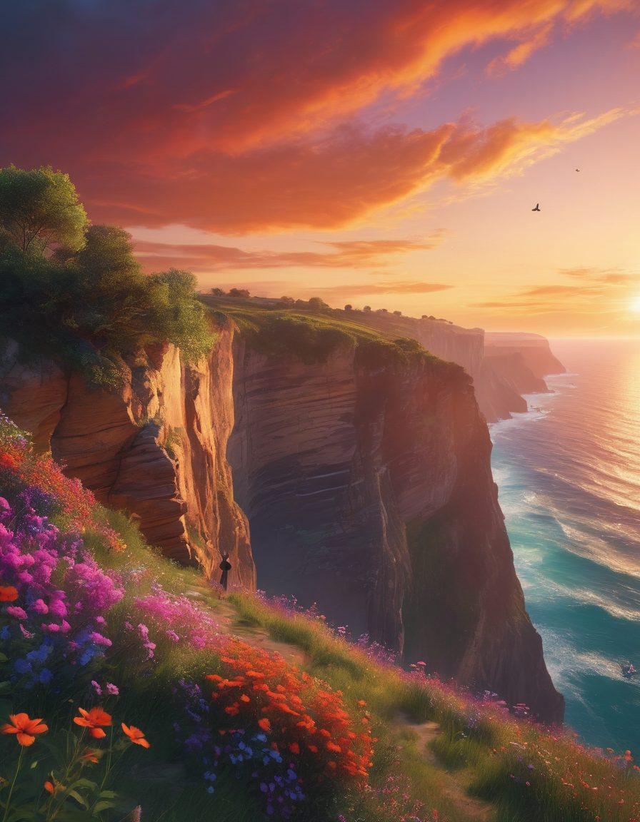 A serene landscape depicting a solitary figure standing at the edge of a cliff, arms outstretched towards a colorful sunset symbolizing freedom and authenticity. The surrounding nature is lush and vibrant, filled with flowers and butterflies, enhancing a sense of joy and self-discovery. Soft, ethereal lighting bathes the scene, creating a dreamlike atmosphere. super-realistic. vibrant colors. 3D.